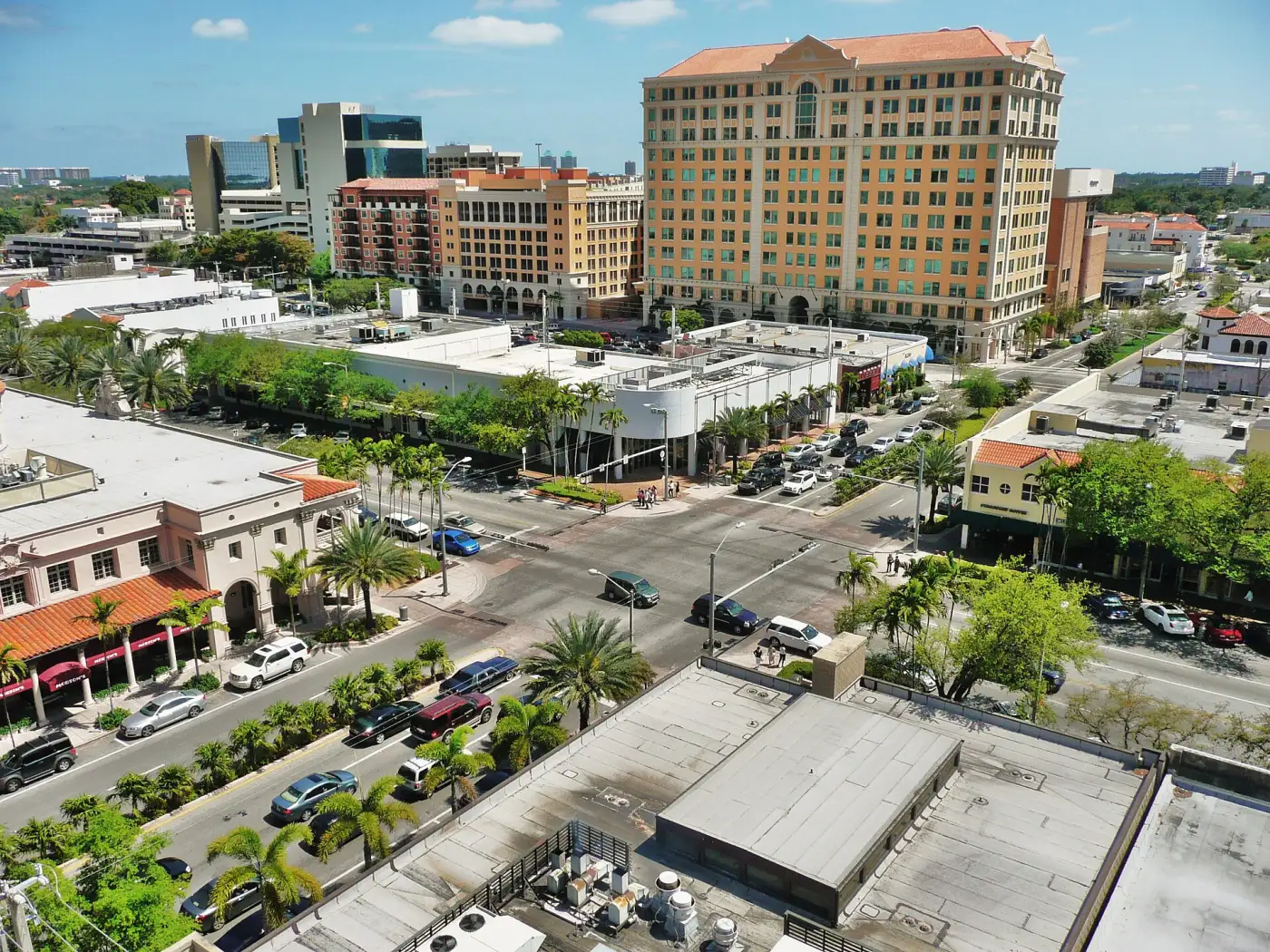 Miracle Mile in downtown Coral Gables seen from above, the street that closes for Carnaval on the Mile.