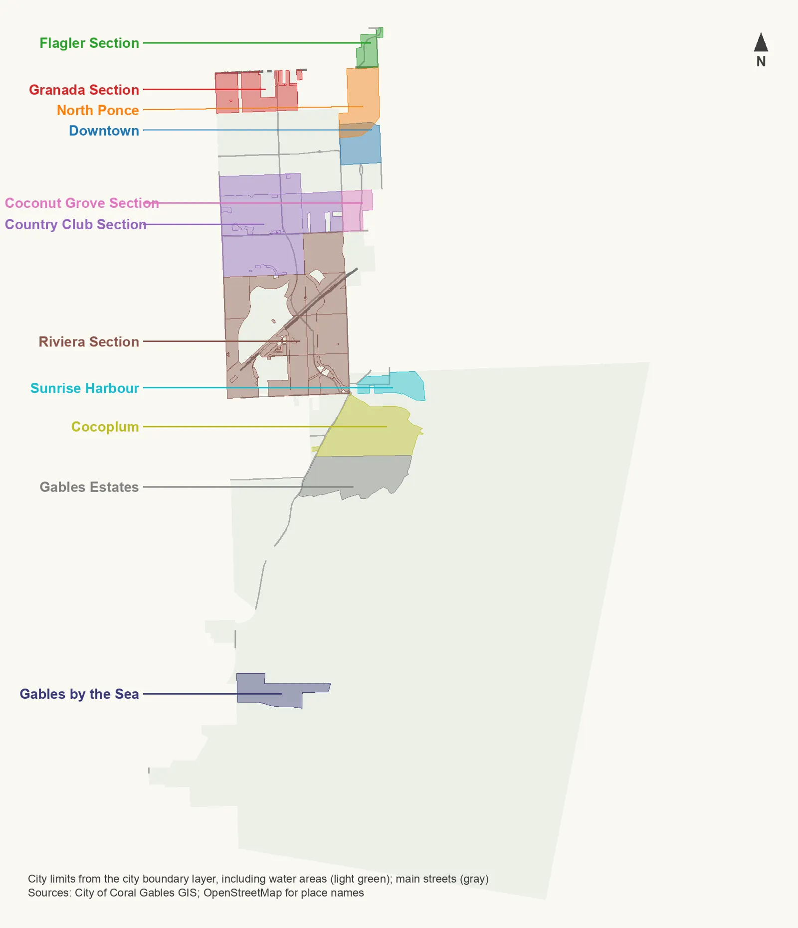 Map of Coral Gables showing 11 neighborhoods from north to south: the Flagler Section, North Ponce, the Granada Section, Downtown, the Coconut Grove Section, the Country Club Section, the Riviera Section, Sunrise Harbour, Cocoplum, Gables Estates and Gables by the Sea