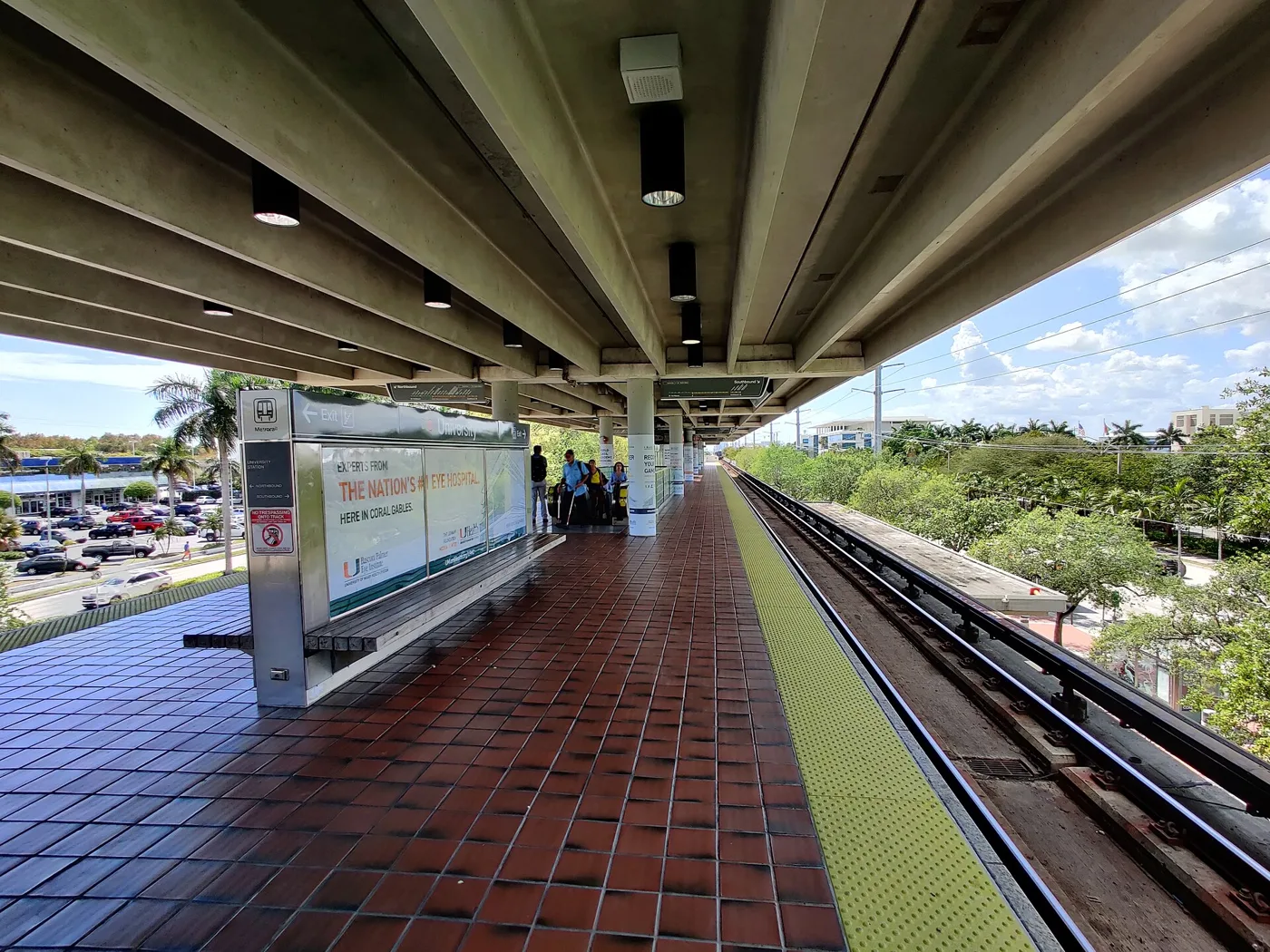 The platform at University Metrorail station, beside US 1 in Coral Gables.