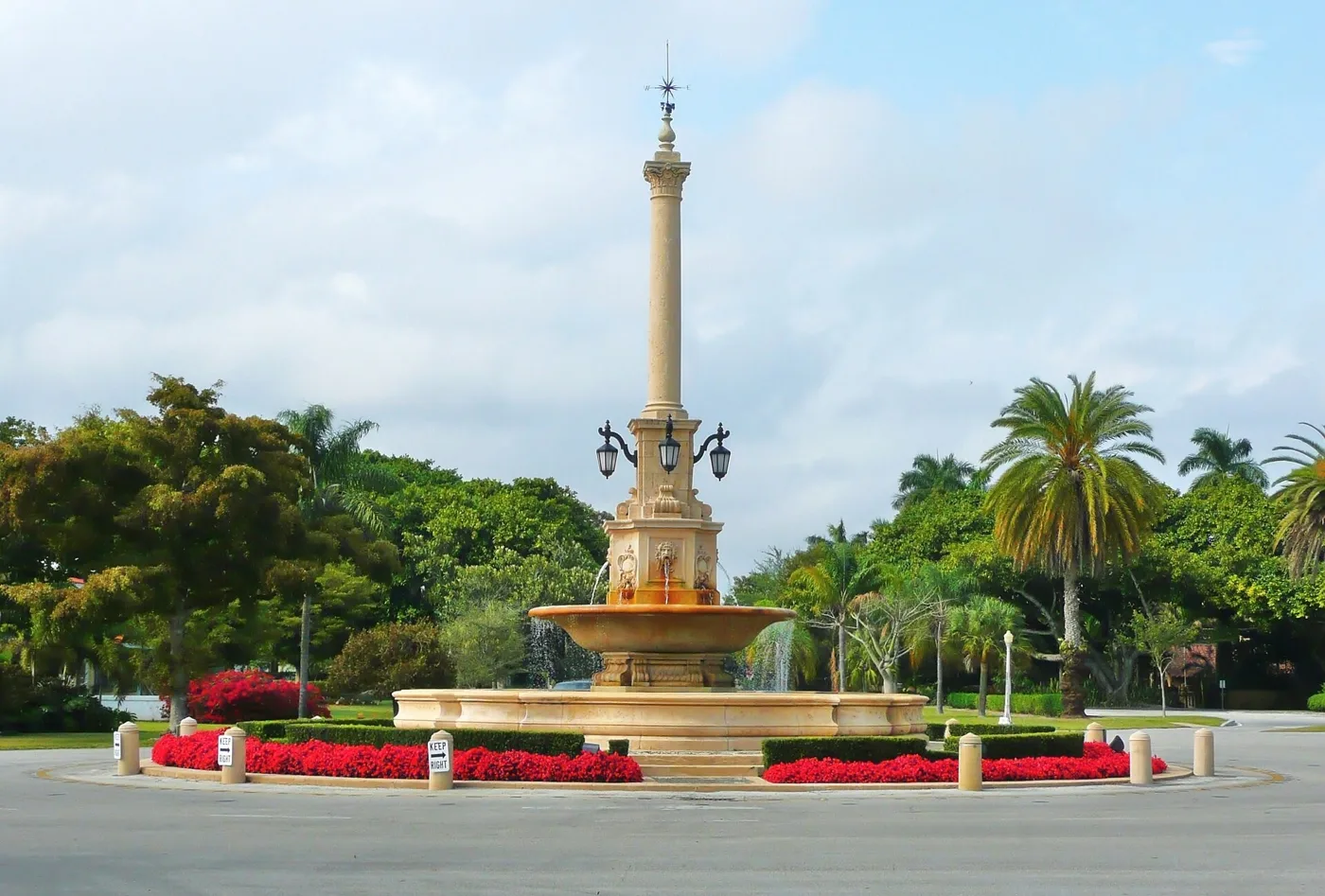 The DeSoto Fountain at a traffic circle on De Soto Boulevard in Coral Gables.