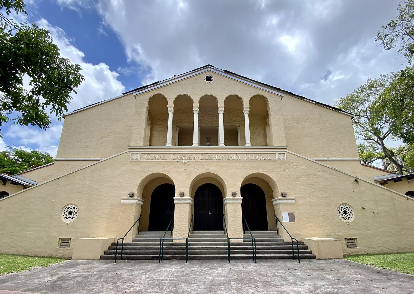 The arched entrance of the historic Coral Gables Elementary School building on Minorca Avenue.