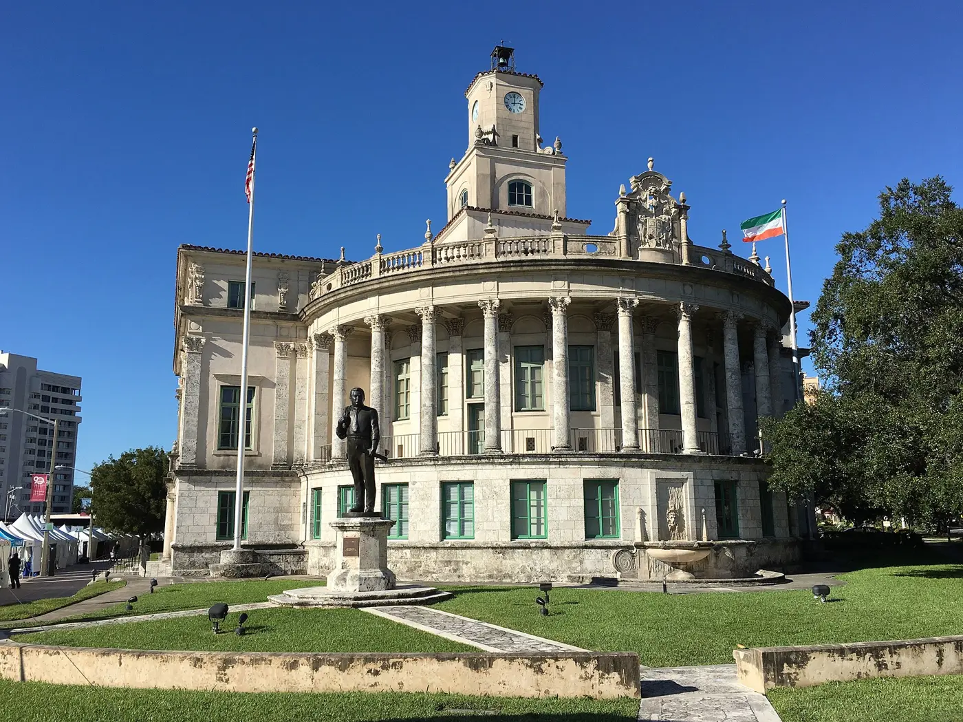 The rounded front of Coral Gables City Hall, with its clock tower, on Biltmore Way.